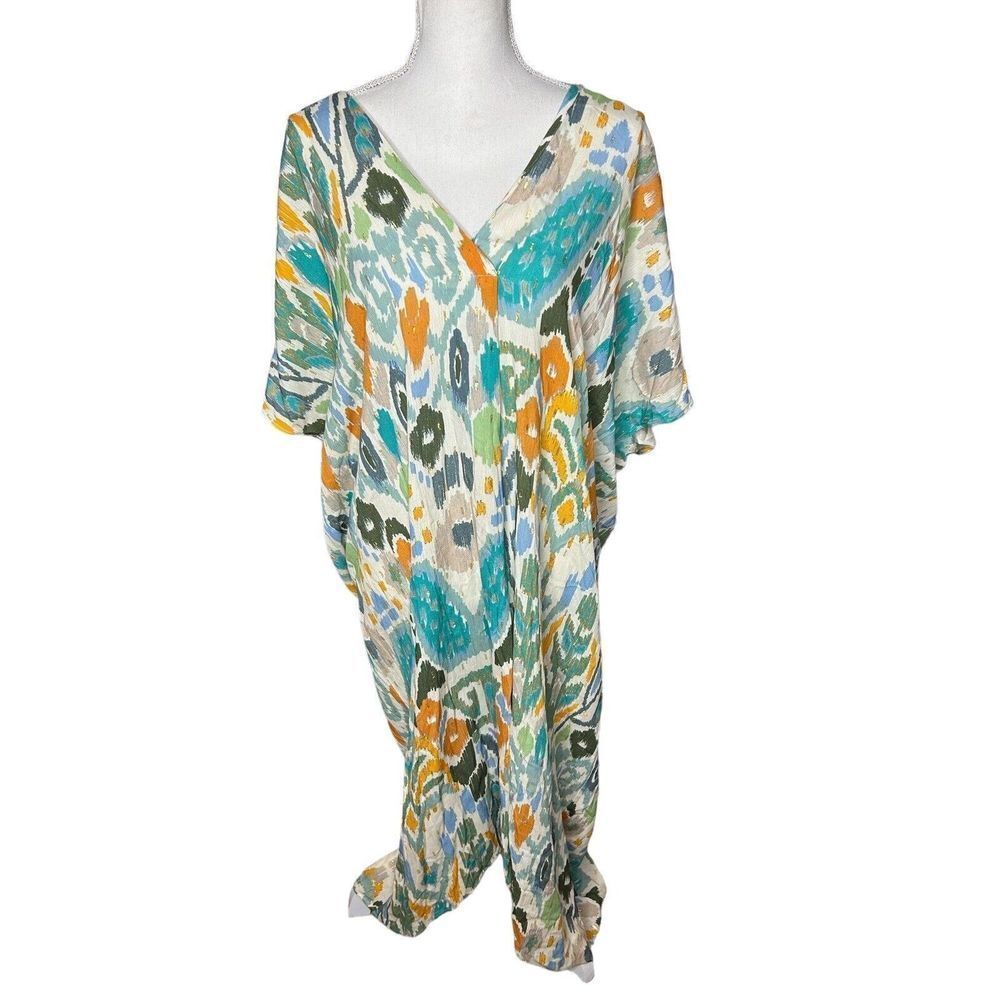 Zara Women Dress Size M/L Kaftan Cat Eye Print Multicolor Metallic Bloggers Fav